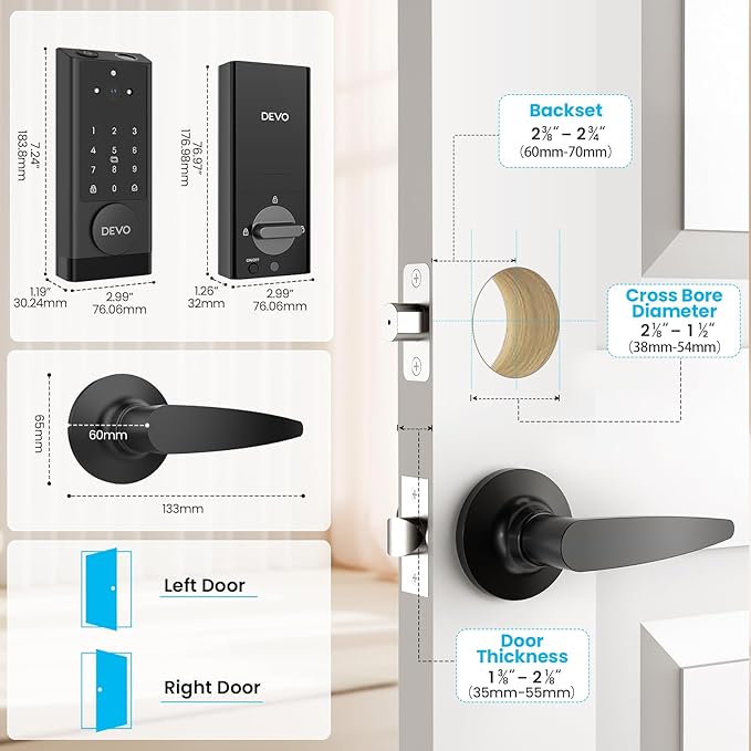 DEVO G1 Smart Lock with Handle Set, 6-in-1 Keyless Entry Door Lock, Video Smart Deadbolt with Fingerprint, Built-in Wi-Fi, App Remote, Auto Lock, IP65 Waterproof Front Door Lock, Easy Install
