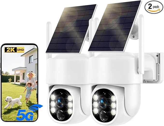 Solar Security Cameras Wireless Outdoor, 2.4GHz 5G WiFi Cameras for Home Security Battery Powered, 2K 360° PTZ Solar Outdoor Camera, Color Night Vision, AI Human Detection 2 Way Talk, SD/Cloud Storage
