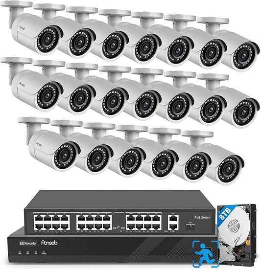 32 Channel Security Camera System 4K, 20pcs 8MP Wired Outdoor Home Surveillance IP PoE Cameras with Human Vehicle Detection, Remote Playback Built-in Mic, 4K 32CH NVR 8TB HDD, PB37F2032-8M