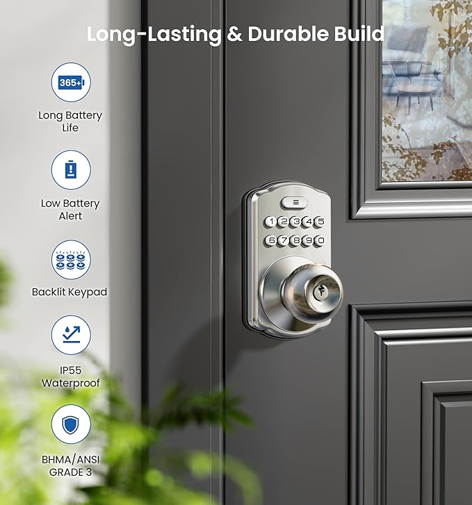 Veise Keypad Door Knob Lock, Keyless Entry Digital Lock with Handle, Electronic Knob for Front Door & Bedroom, Easy Installation, Auto-Locking, Passage Mode, Satin Nickel