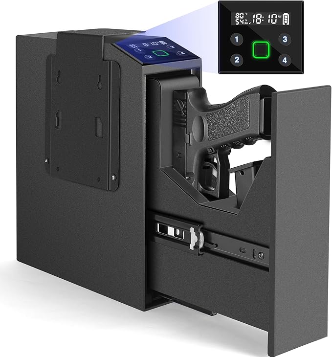 Biometric Slider Handgun Gun Safe with LCD Screen of Temp Humidity Time for Nightstand, Desk, Bed Side, Wall, Truck