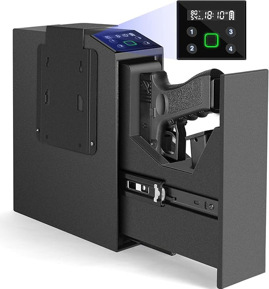 Biometric Slider Handgun Gun Safe with LCD Screen of Temp Humidity Time for Nightstand, Desk, Bed Side, Wall, Truck