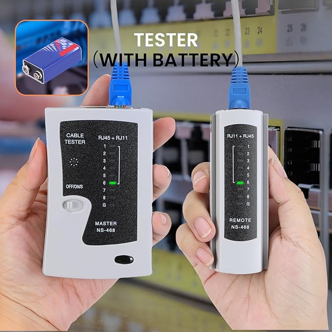 HARDELL RJ45 Crimp Tool, Pass Thru RJ11 Ethernet Crimper for Cat5 Cat6 Connectors, All-in-One 6P 8P Ethernet Crimping Tool Kit With Wiring Diagram, Replacement Blades, Cable Sheath, Tester & Battery