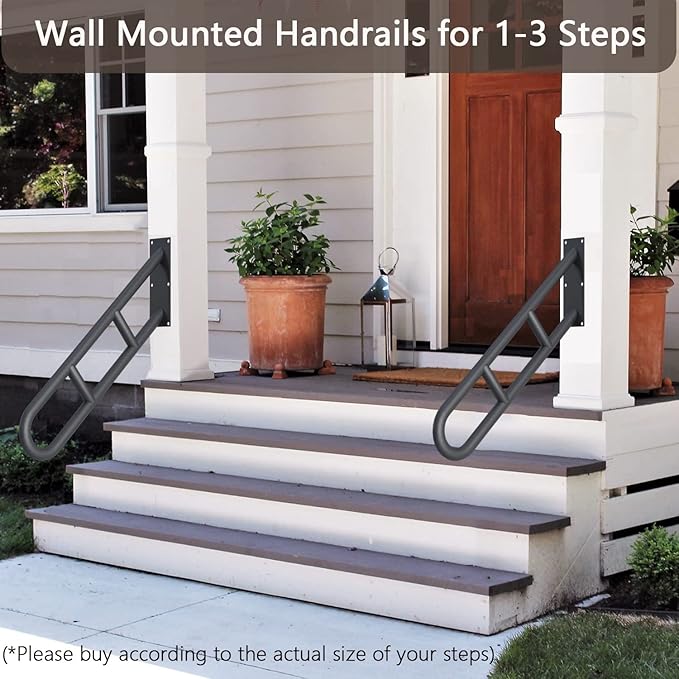 2 Pack Stair Handrails for 1-3 Steps, 26" Upgraded Porch Railing with Black Matte Finish, Wall Mounted Hand Railings for Stairs Outdoor and Indoor, Stair Railing Grab Bars for Garage,Porch,Garden