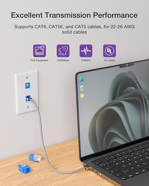 VCE RJ45 Cat6 Keystone Jacks UL Listed 50-Pack, UTP Ethernet Keystone Jacks with Keystone Punch Down Stand Tool and Wire Stripper Cutter, Blue