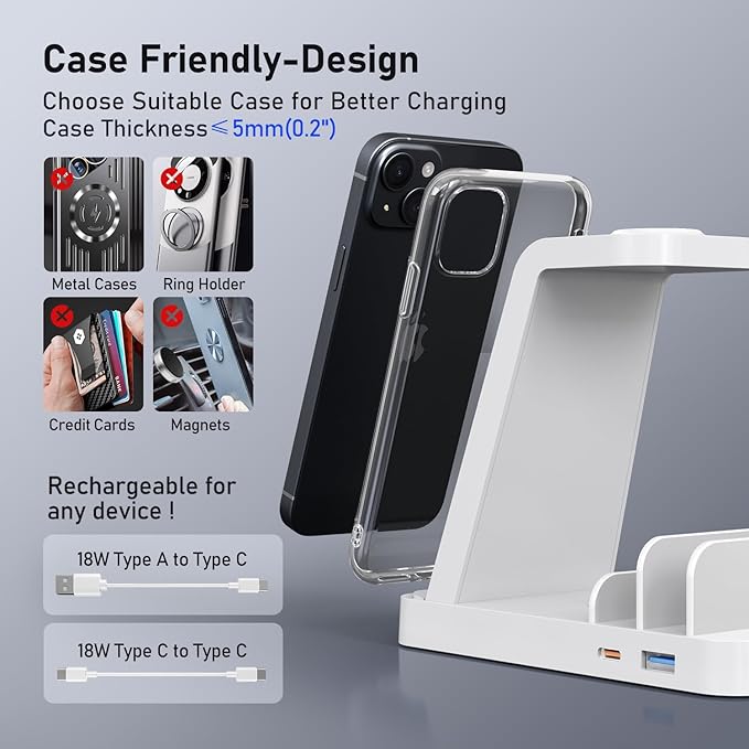 Wireless Charger for Samsung, 5 in 1 Wireless Charging Station for Samsung, Charger Dock Stand for Galaxy Watch Ultra 7 6 5 4 3, Galaxy S25 S24 Ultra S23 S22 S21, Note 20 10 Z Fold Buds, White