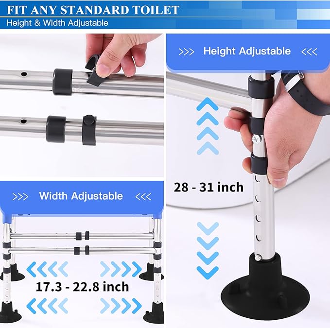 Toilet Safety Rails Frame，Upgrade Heavy Duty Double Crossbar and Suction Cups, Free Standing with Handles for Elderly（330lbs）Handicap & Disabled, Height Width Adjustable, Fit Any Toilet