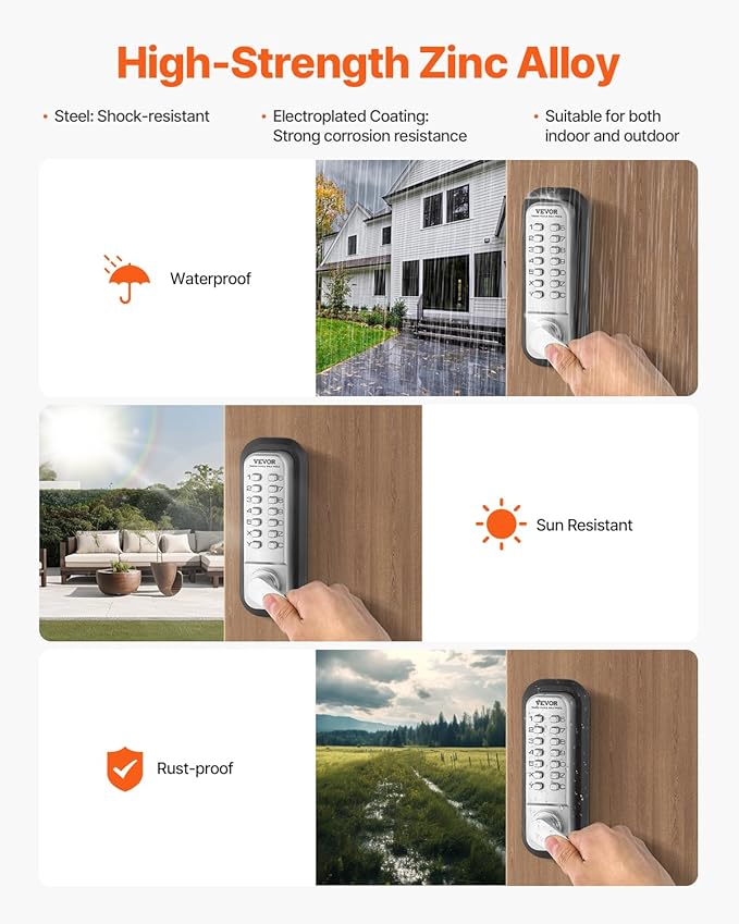 VEVOR Mechanical Keyless Entry Door Lock, 14 Key, Mechanical Keypad with Handle, Double-Sided Stainless Steel Waterproof Keyless Gate Lock, for Home Office Yard, Sliver