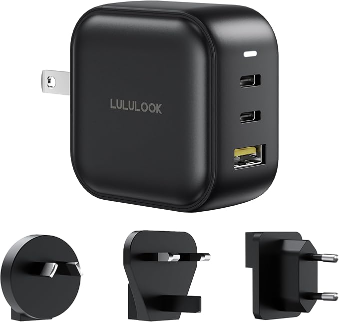 LULULOOK 65W USB C Charger, 3-Port GaN Fast Charger Block, USB Type C Wall Adapter Travel Charger for MacBook Pro/Air, iPad Pro, iPhone 16, Galaxy S24, Surface Laptop, Dell XPS, UK/EU/AU Plug Included