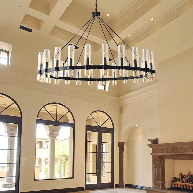 60 Inch Black Wagon Wheel Chandelier, 24 Lights, with Brown Glass Shade, Large Hanging High Ceilings Chandeliers for Dining Room Kitchen Foyer Entryway Living Room