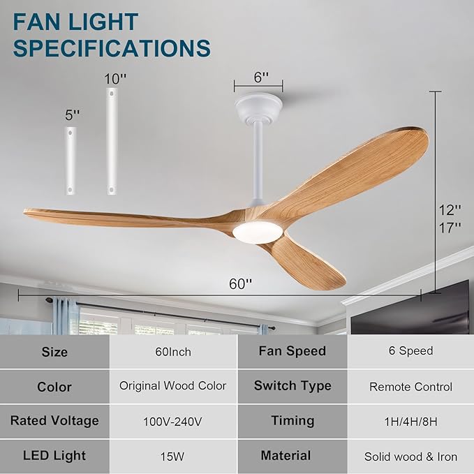 60'' Modern Ceiling Fans with Lights and Remote,3 Blade Wood Fan,6 Speed DC Motor Outdoor Indoor White Ceiling Fan for Patio,Living Room,Bedroom