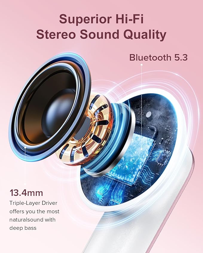 Wireless Earbuds, 42H Playtime Bluetooth 5.3 Headphones, HiFi Stereo Call Noise Cancelling Earbuds, IPX7 Waterproof Stereo in-Ear Earphones with LED Display for iOS Android (Elegant Rose Gold)