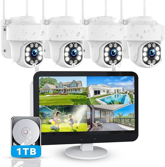 5MP Wireless Home Security Camera System with 12.5" Monitor, 4PCS CCTV PTZ Camera Security System Support 5G/2.4G WiFi, Motion Detection, Color Night Vision, 4K 10CH NVR with 1TB Hard Drive