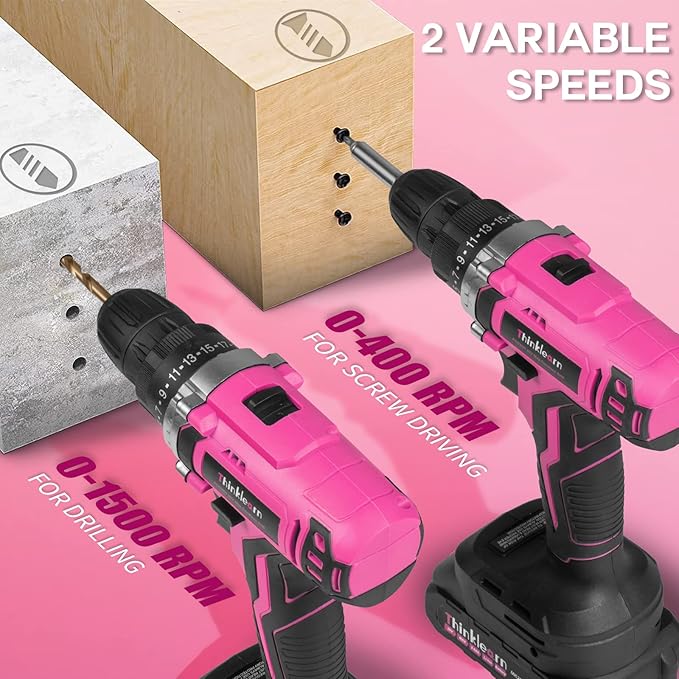 20V Pink Cordless Drill Set - Power Drill/Driver Kit with Drill Brush, Bit Set, 3/8" Keyless Chuck, 2 Variable Speed, 25+1 Torque Setting, Battery and Charger Included, Electric Drill for Home