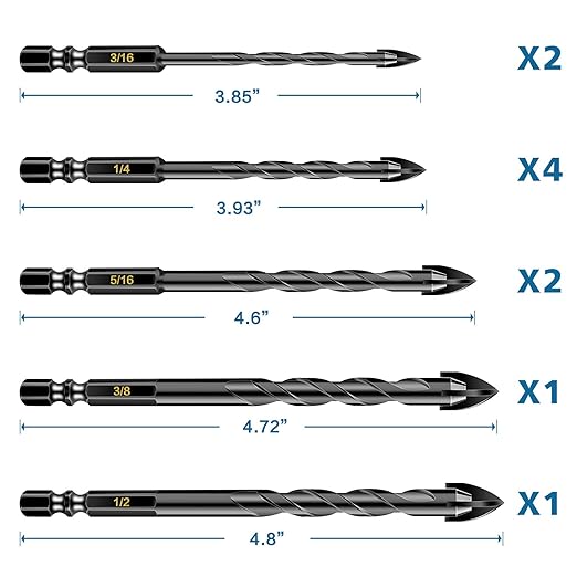 Masonry Concrete Drill Bit Set for Tile, Brick, Glass, Plastic and Wood, Tungsten Carbide Tip Work with Ceramic Tile, Wall Mirror, Paver on Concrete or Brick Wall, 10 Pcs