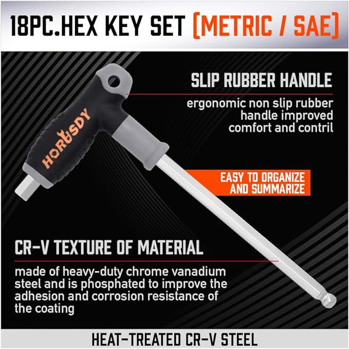 HORUSDY 18-Piece T-Handle allen wrench set, Inch/Metric Long Arm Ball End Hex Key Wrench Set, MM(1.5mm-10mm) SAE(1/16"-3/8")