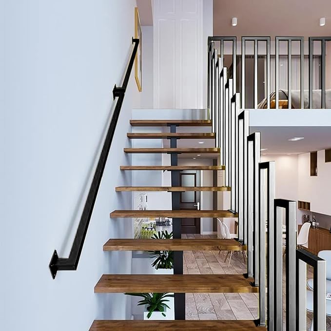 3.5FT Black Iron Hand Railing, Sturdy Safety Staircase Handrails Wall Mount, 500lbs Load Capacity Industrial Iron Railing Pipe Handrail for Indoor Stairs, Outdoor Deck Loft Porch, Non-Slip and Rust