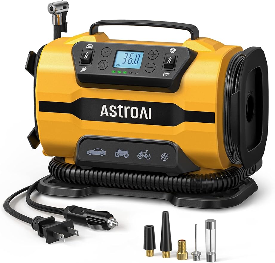 AstroAI Tire Inflator Portable Air Compressor Pump 150PSI 12V DC/110V AC with Dual Metal Motors &LED Light, Automotive Car Accessories&Two Modes for Car, Bicycle Tires and Air Mattresses, Yellow