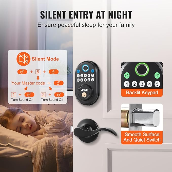 VEVOR Fingerprint Door Lock with Level Handles, Fingerprint/Keypad Code/Key, One-Time and Anti-Peeking Password, Constant Unlock Mode, Aluminum Alloy, Electronic Keypad Deadbolt for Entry Doors