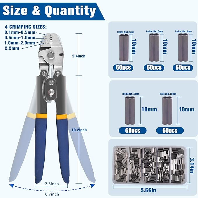 Fishing Crimping Pliers Crimp Sleeves Set,Wire Rope Crimping Tool Kit Heavy Duty Wire Leader Rope Crimper Plier 4 Size Crimping