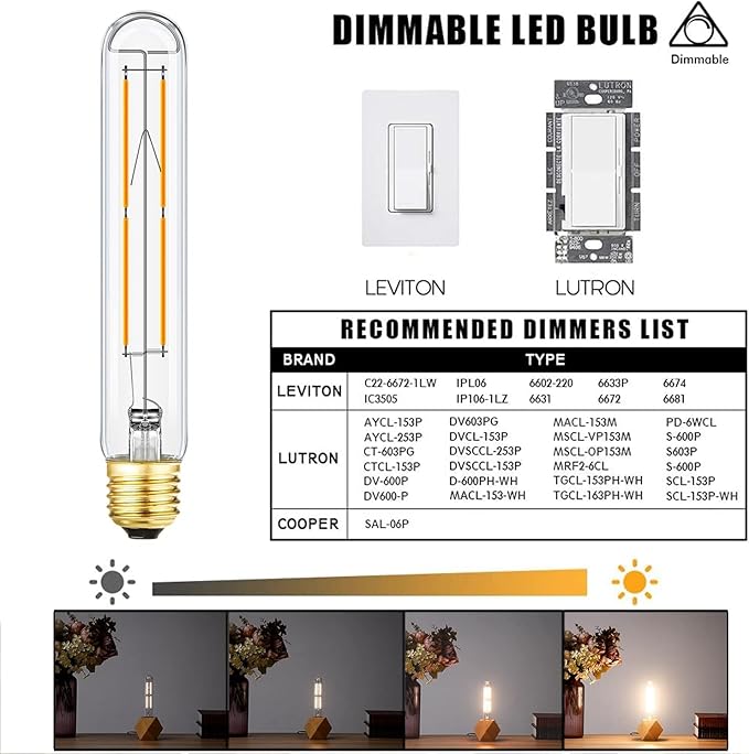 Leools Dimmable E26 LED Bulb 8W Equal 75 Watt Light Bulbs Soft White 3000K E26 Edison Bulb AC120V 800lm Tubular T9 T10 LED Bulb for Rustic Pendant,Chandeliers,Wall sconces E26 Light Bulbs 4Pack