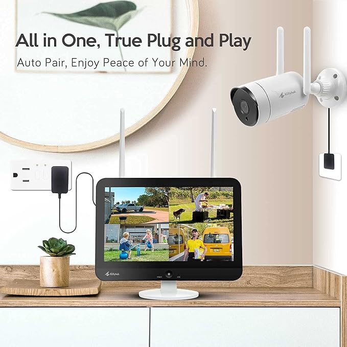 Kittyhok 3MP All-in-one Wireless Security Camera System with 12'' Monitor, 6pcs Outdoor WiFi Security Cameras with Dual Antenna, 1TB HDD, 2-Way Audio, Motion Detection, Waterproof, Night Vision