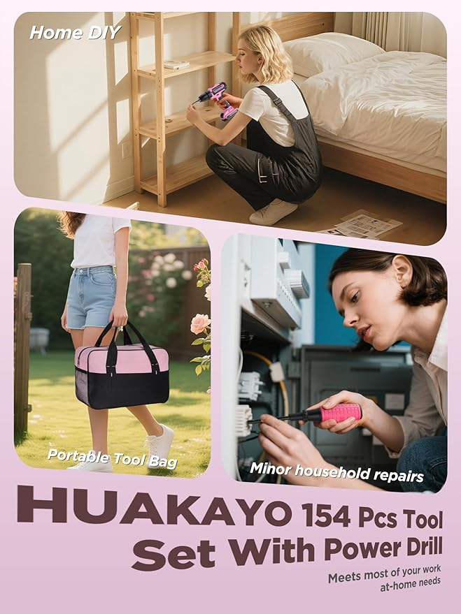 Pink Cordless Drill Set 21V, 154 PCS Tool Kit for Women with Storage Bag, Power Electric Drills, Precision Screwdriver Set, Hammer, Pliers, Magnetic Wristband and Accessories for DIY Home Repair Gift