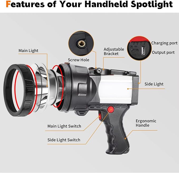 Super Bright Handheld Spotlight Rechargeable LED Flashlight Long Lasting Large Searchlight with USB Output Charger for Outdoor (Yellow Light)