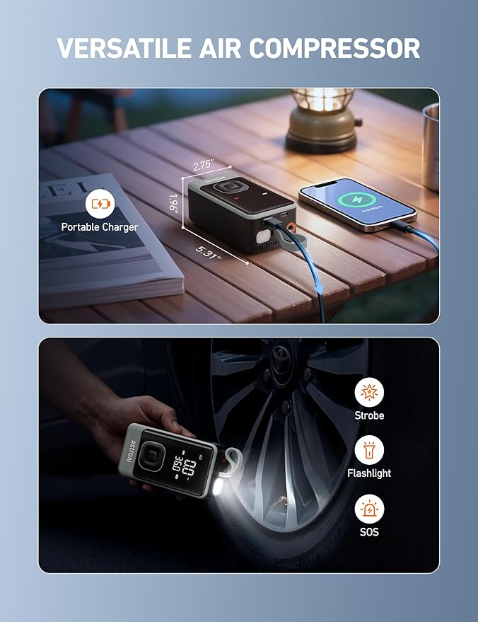 AstroAI L7 Air Tire Inflator Portable Air Compressor, 150PSI Electric Cordless Pump with Fast 1-min Inflation, Auto Shutoff, LED Light – Rechargeable for Car, SUV, Motorcycle, Bike Tires (Grey)