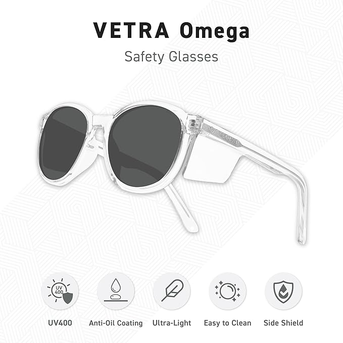 VETRA Omega Z87+ Safety Glasses UV400 Side Shield Anti-Oil Coating CP Frame Eyewear