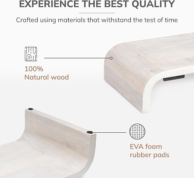 Anji Mountain Wood Monitor Stand Riser Desk Desktop Organizer Table for Home, Office Workspace, Laptop Riser, Ergonomic Design Stand for Gaming Setup, with Power Source, White Wash