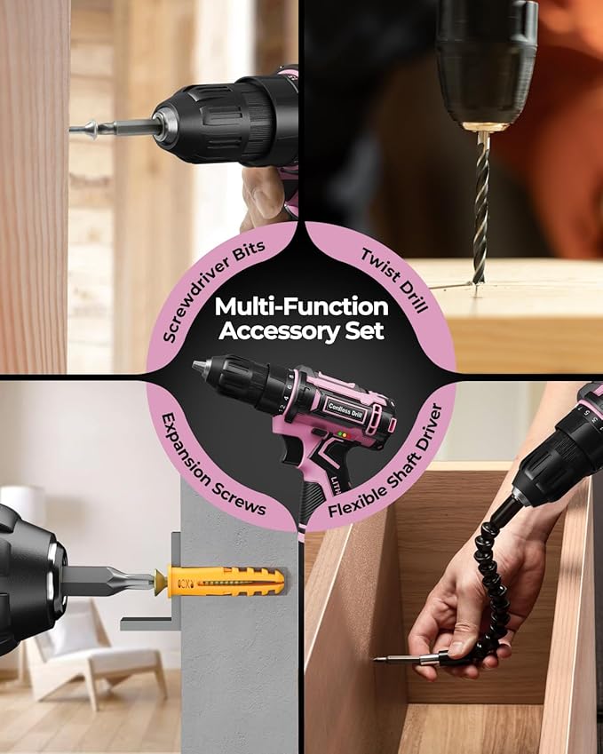 Pink Cordless Drill Set, Electric Power Drill for Women, Lightweight Electric Screwdriver Driver with Battery & Charger, 3/8" Keyless Chuck, Womens Tool Kit for Home DIY Projects