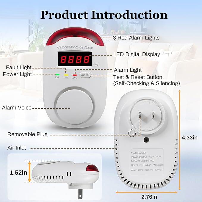 4 Packs Plug in Carbon Monoxide Detector, Portable Carbon Monoxide Alarm with LED Digital Display, AC Plug in Wall CO Detector Monitor with Light and Voice Alert for Home/Apartment/Hotel
