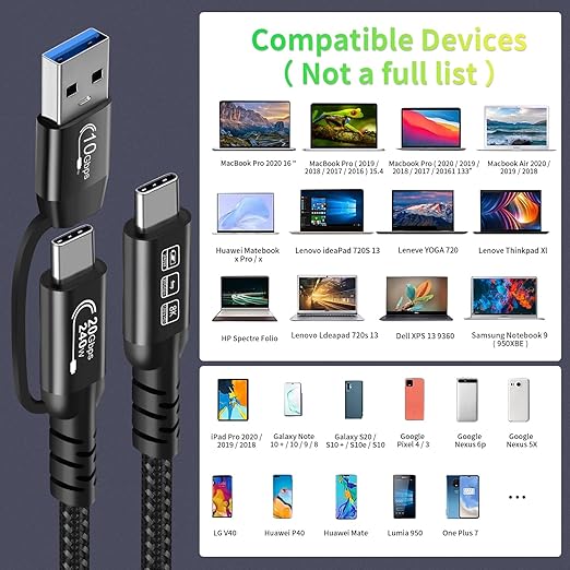 CABLEDECONN USB2.0 A to USB C 3.2 Type C 20Gbps Male to Male Detachable 0.5m 1.6ft Cable Data Extension 10Gbps 240W Fast Charge 8K Ultra HD Video Data Connection Power Line