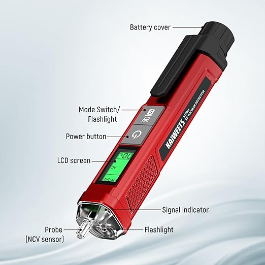 KAIWEETS Voltage Tester/Non-Contact Voltage Tester with Signal Percentage, Dual Range AC 12V/70V-1000V, Live/Null Wire Tester, Electrical Tester with LCD Display, Wire Breakpoint Finder (Full Red)