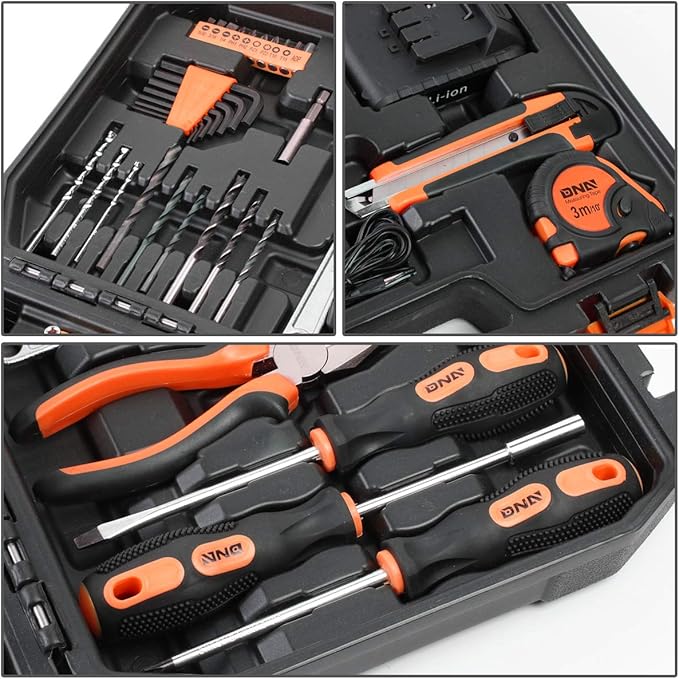 DNA MOTORING TOOLS-00020 Orange 46 Pcs 18V Cordless Power Drill Driver Bit Set w/Charger+Screwdrivers+Pliers Home Repair Kit