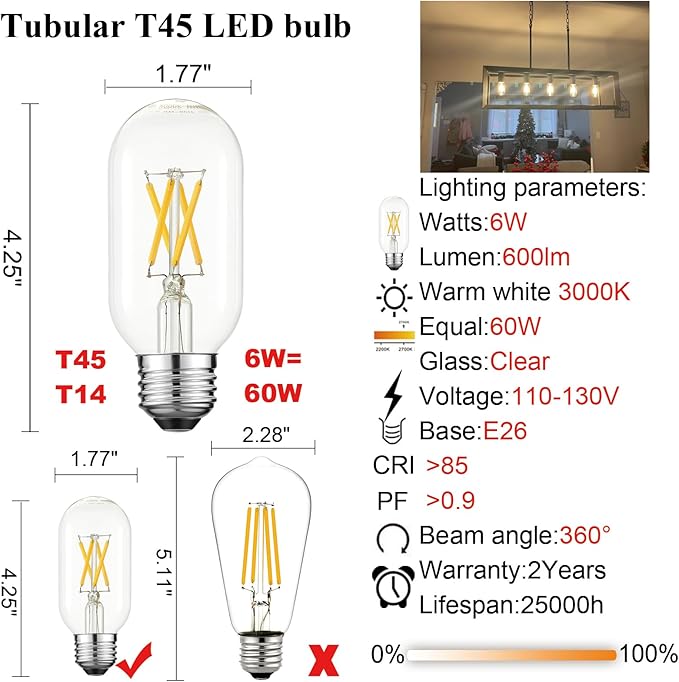 LiteHistory T45 LED Bulb,6W E26 LED Bulb Dimmable Equivalent E26 Bulb 60 Watt,Warm White 3000K E26 Edison Bulb,AC120V,600lm,CRI85,Clear Glass,Tubular Light Bulb,ETL Listed,Pack of 6