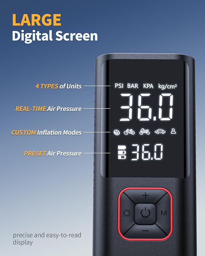 Cordless Tire Inflator Portable Air Compressor - 150PSI Air Pump with Auto Shutoff Function for Car Tires, Inflatables, Motorcycle, Balls, Compact Bike Tire Pump with LED Light, Red, Large