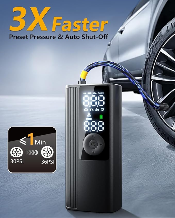 Tire Inflator Portable Air Compressor, 3X Faster Inflation Cordless Air Pump for Car Tires with Digital Pressure Gauge/LED Light, 150PSI Tire Pump with Auto Shut-Off for Car, Motorcycle, Bicycle, Ball