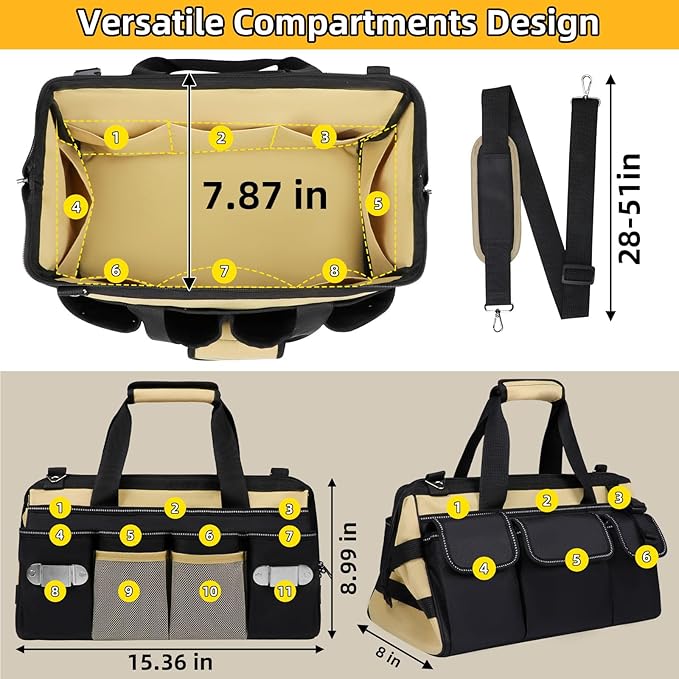 15 Inch Heavy Duty Tool Tote Bag with 24 Pockets, Wide Open Mouth Tool Box Organizer Case with Shoulder Strap, Portable Electrician Tool Kit Storage Carrying Pouch with Lockable Zipper (Khaki)