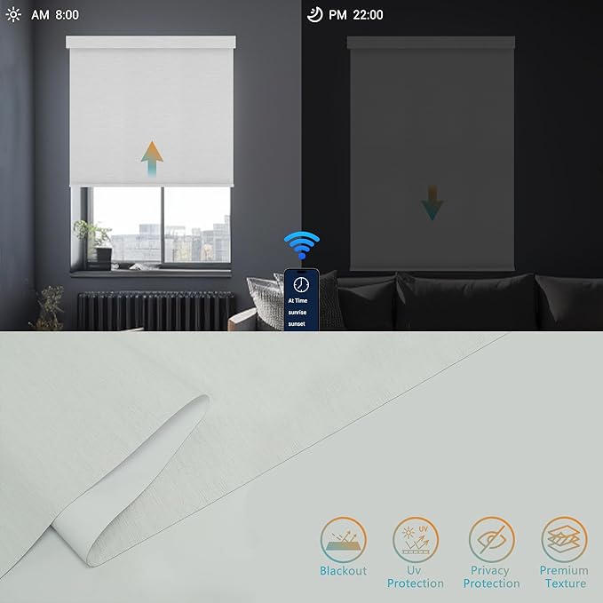 Motorized Blinds with Remote, Blackout Smart Roller Blinds Compatible with Apple Homekit Google Home and Alexa, Automatic Window Blinds Customize, White