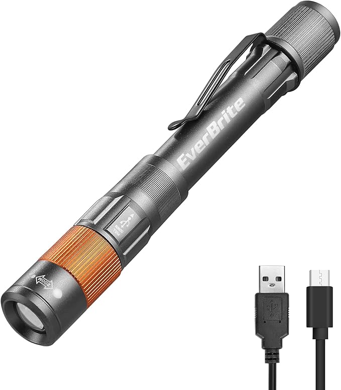 EverBrite Rechargeable Pen Light, 300 Lumens EDC Flashlight, Zoomable LED Pocket Flashlight with Clip, Memory Function and USB C Cable Included, for Camping, Emergency, Grey