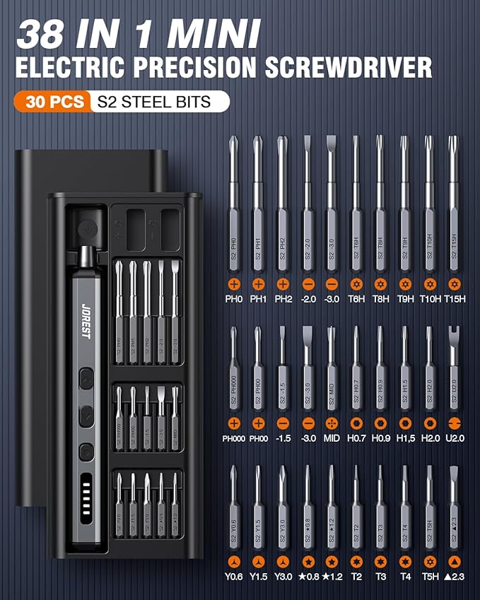 JOREST Mini Electric Screwdriver, Precision Set with 38-in-1 Magnetic Bits, 5 Torque Settings, LED Light, Repair Tool Kit for iPhones, Laptop, Drone, Game Console, Camera, Glasses, Watches, Toys