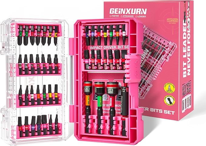 47Pieces Impact Screwdriver Bits Set, Magnetic S2 Steel 1” Phillips/Square/Torx/Slotted/Hex/Security Torx Bits Tips,Impact Bit Holder with Pink Storage Box Case
