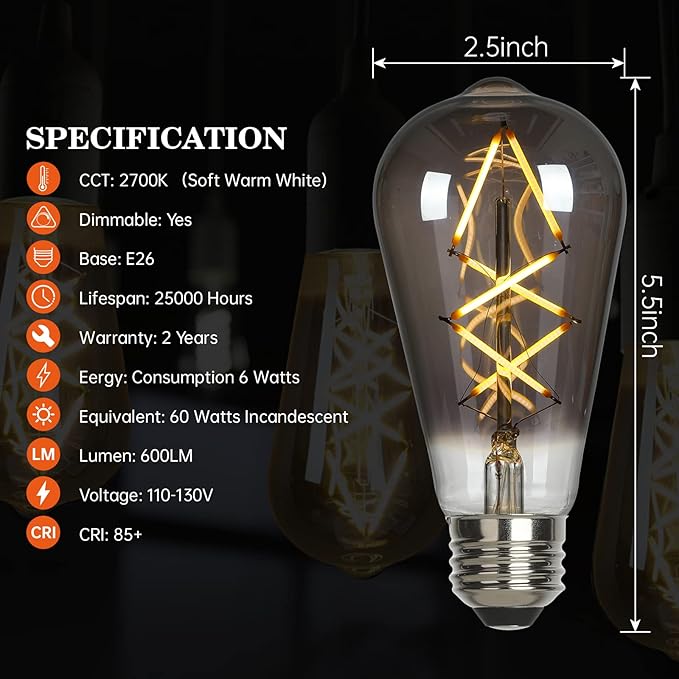 OMED ST58/ST19 Smoke Grey Dimmable LED Edison Bulbs 60 Watt Equivalent, 6W 2700K Soft White Vintage Fishbone Filament Edison Bulbs with E26 Base, 600 Lumens Smoky Glass Edison Bulb for Home Lighting
