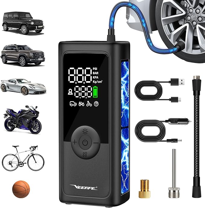 VEEAPE Tire Inflator Portable Air Compressor, 6X Faster Cordless Car Tires Air Pump with Auto-Shutoff Digital Pressure Gauge LED Light Portable Air Pump Tire Inflator for Car, Bike, Motorcycle, Ball