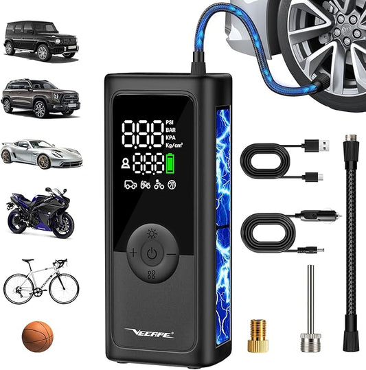 VEEAPE Tire Inflator Portable Air Compressor, 6X Faster Cordless Car Tires Air Pump with Auto-Shutoff Digital Pressure Gauge LED Light Portable Air Pump Tire Inflator for Car, Bike, Motorcycle, Ball