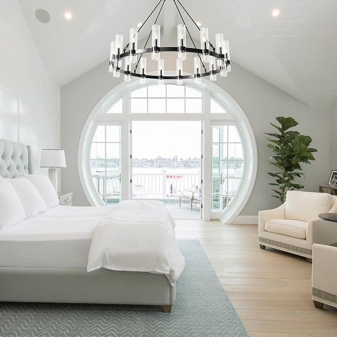 48 Inch Black Wagon Wheel Chandelier, 16 Lights, with Brown Glass Shade, Large Hanging High Ceilings Chandeliers for Dining Room Kitchen Foyer Entryway Living Room