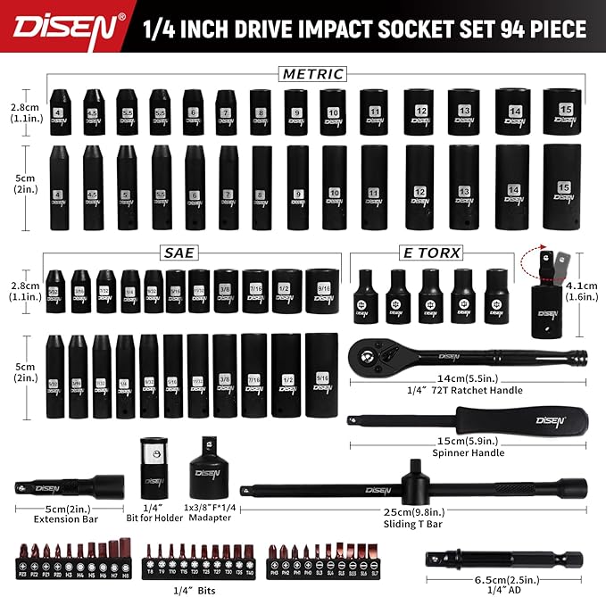DISEN 94 PCS 1/4" Drive Impact Socket Set, Shallow & Deep Socket SAE(5/32"-9/16") & Metric(4-15mm), Torx Screwdriver Bit Set, 72T Ratchet Wrench Handle, CRV Tool Set with Adapter, Automotive Repair