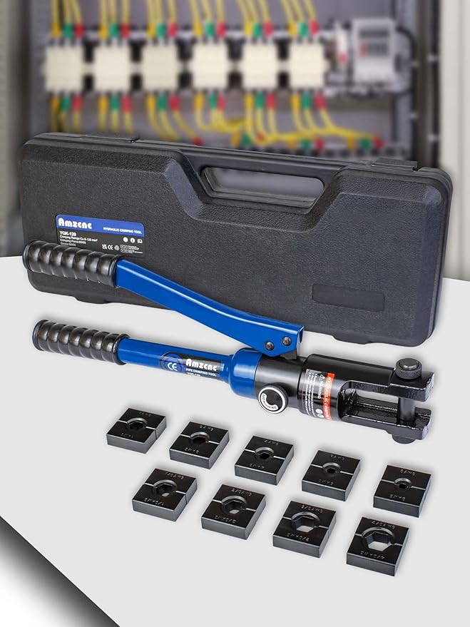 AMZCNC 12 Ton Hydraulic Crimping Tool with 9 Standard American Dies, Crimps 8AWG to 4/0 AWG, Hardened Steel Construction with Oxidized Surface for Durability(Standard US 8AWG to 4/0AWG)